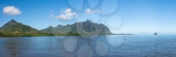 Panorama of Chinaman's hat off the coastline of Oahu in Hawaii from the Waiahole Beach Park