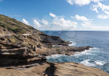 View from Halona Blowhole along the eroded coastline on the east coast of Oahu