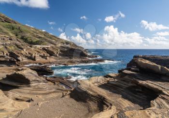 View from Halona Blowhole along the eroded coastline on the east coast of Oahu
