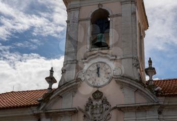Detail of the clock and bell tower on the city or town hall in Aveiro