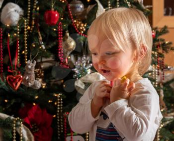 Side profile view of a young caucasian baby boy staring at the magic of an Xmas tree for the first time in wonder