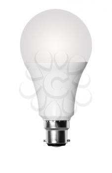 Isolated cutout LED bulb with UK B22 bayonet fitting and set against white background