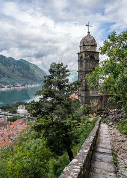 Steep pathway by Church of our Lady of Remedy above old town Kotor in Montenegro