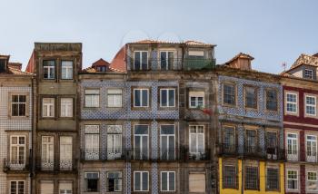Ceramic tiles and balconies of apartments and homes in downtown Porto