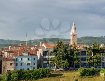 Church tower and city skyline of town of Koper in Slovenia