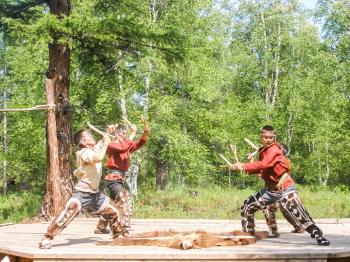 Petropavlovsk-Kamchatsky, Russia - July 12, 2018: Folk dances of the indigenous peoples of Kamchatka, theatrical performance in the central park of Petropavlovsk-Kamchatsky