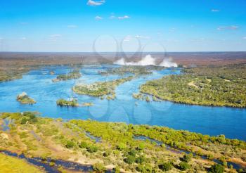 Zambezi river and Victoria Falls, bird's-eye view
