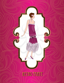 Retro party invitation design. Flapper girl over vintage background with copy space in 1920s style.