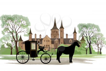 Carriage with horse over old city park background.