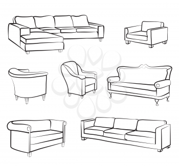 Furniture set. Interior detail outline collection: bed, sofa, settee, armchair.