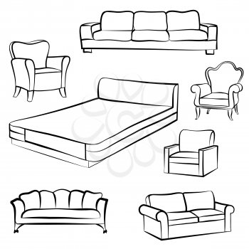 Furniture set. Interior  detail outline collection: bed, sofa, settee,armchair.