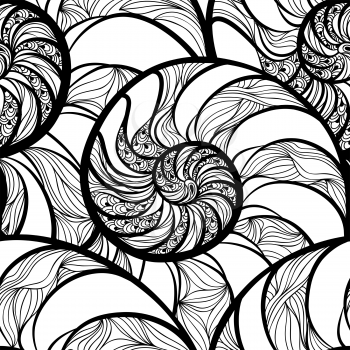 Abstract ornamental spiral seamless black and white outline pattern. Stylish seashell nautilus textured wave geometric background
