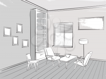 Living room lounge interior sketch Place for reading with armchair