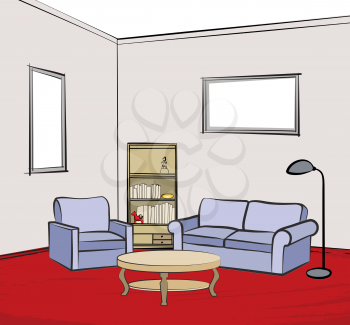 Interior furniture with sofa, floor lamp, book shelf. Living room sketch