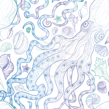 Octopus and Seashell seamless pattern. Summer holiday marine background. Underwater ornamental textured sketching wallpaper with sea shells, sea star and sand.