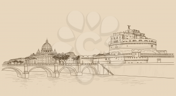 Rome cityscape with St. Peter's Basilica. Italian city famous landmark Castel Sant'Angelo skyline. Travel Italy engraving. Rome architectural city background with lettering