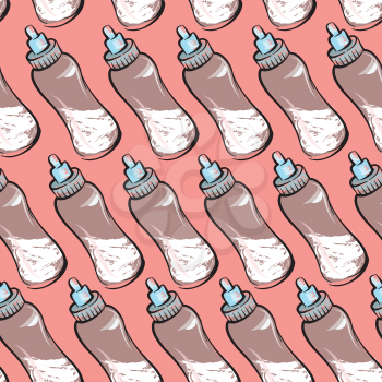 Baby bottle with milk seamless pattern. Baby care drawn background