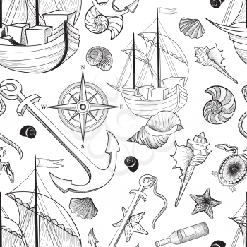 Marine life seamless pattern. Sailing ship, Seashell, anchor, compass. Ocean  background
