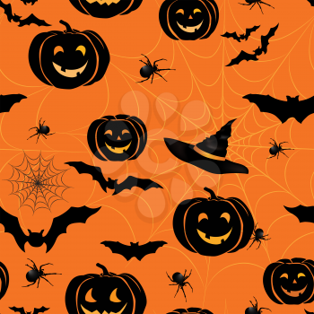 Happy Halloween seamless pattern. Holiday party background with bat, pumpkin, web, spider
