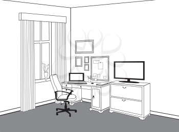Workplace with computer. Workspace view home office. Modern office cabinet room interior furniture.