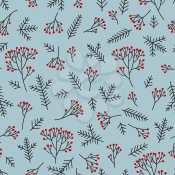 Christmas floral seamless pattern. Winter nature background. Fir tree, spruce branches, berries.