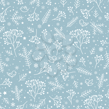 Winter holiday nature seamless floral pattern. Christmas snow background with spruce branches, berries, birds, snowflakes and stars