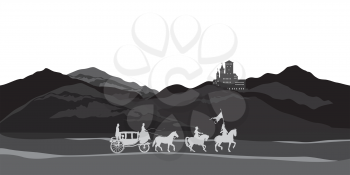 Castle, carriage, knight over Mountains Landscape. Medieval rural nature background. Hills skyline