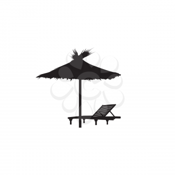  Deckchair umbrella summer beach holiday symbol silhouette icon. Chaise longue, parasol isolated. Sunbath beach resort symbol of the holidays