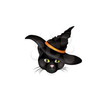 Cat in hat. Black cat looking at camera in Halloween hat. Funny holiday cartoon for greeting card