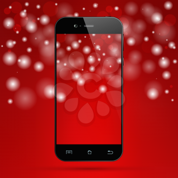 Black smartphone with screen saver. Smart phone isolated on abstract red background. Vector illustration.