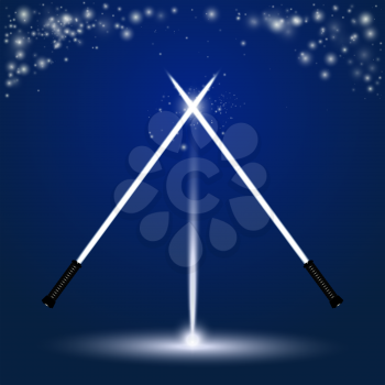 Crossed light swords. Light saber from wars of future isolated on abstract star sky background. Vector illustration.