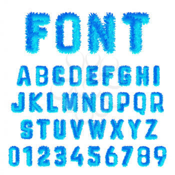 Snow font alphabet template. Set of blue ice numbers and letters. Vector illustration