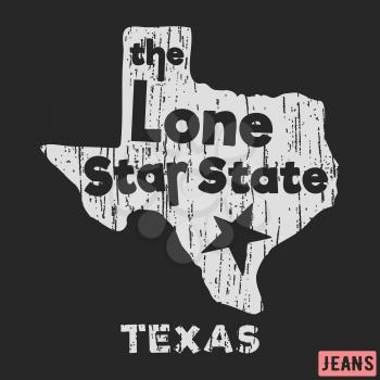 T-shirt print design. Texas - the lone star state vintage stamp. Printing and badge, applique, label, tag t shirts, jeans, casual and urban wear. Vector illustration.