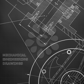 Black background. Grid. Backgrounds of engineering subjects. Technical illustration. Mechanical engineering. Technical design. Instrument making