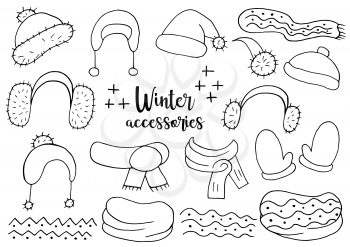Winter accessories. Winter season elements for your design. A collection of hats, scarves, snoods, mittens, isolated and grouped. outline drawing