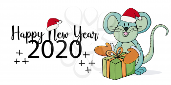 Year of the Rat. 2020 typographic inscription on a white background. Happy New Year 2020. Banner, flyer. Symbol of the year with a gift, in a New Year hat in cartoon style