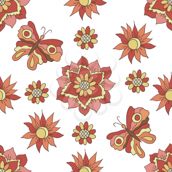Seamless pattern. Autumn flowers. Butterflies. The pastel brown, orange and pink colors