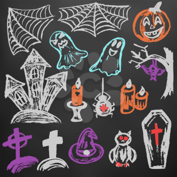 Halloween. A set of funny objects. Color chalk on a blackboard. Collection of festive elements. Autumn holidays. Pumpkin, spider web, ghosts, sinister castle, candle, owl, coffin, cemetery, tree, bat, spider