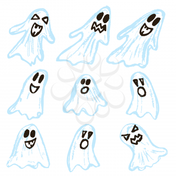 Halloween. Set of ghosts. Vector illustration. A collection of funny faces. Autumn holidays. Fun, children, traditions