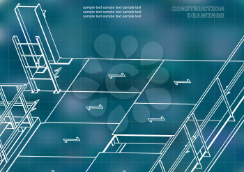 Building. Metal constructions. Volumetric constructions. 3D design. Blue background. Grid