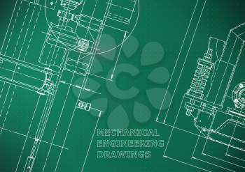Blueprint, Sketch. Vector engineering illustration. Cover, flyer, banner, background. Instrument-making drawings. Mechanical engineering drawing. Technical illustration. Light green background. Points