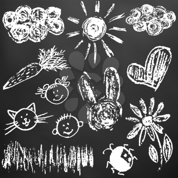 Child drawing with white chalk on a black board. Child drawing with chalk on a black board. Clouds, sun, hare, carrot, girl, boy, cat, flower, heart, grass ladybug