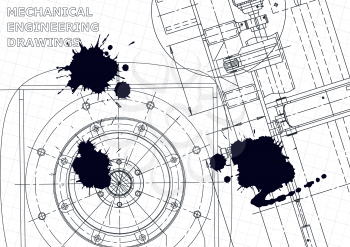Cover, flyer. Vector engineering illustration. Blueprint, banner, background. Black Ink. Blots. Mechanical engineering drawing