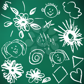 Children's drawings. Elements for the design of postcards, backgrounds, packaging. Printing for clothing. Drawing chalk on a green board. Faces, flowers