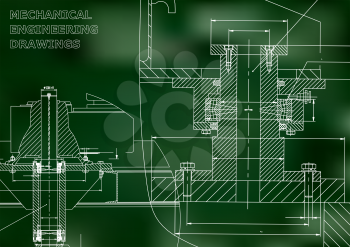 Mechanical engineering. Technical illustration. Backgrounds of engineering subjects. Technical design. Instrument making. Cover. Green background