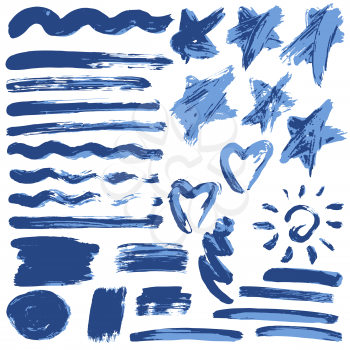 Collection of blue paint, ink, brush strokes, brushes, lines, grungy. Waves, circles, sun, star Dirty elements of decoration boxes frames Vector illustration