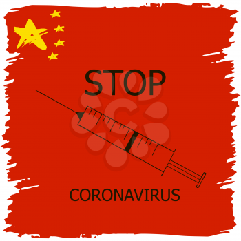 Coronavirus in China. Novel coronavirus (2019-nCoV), red background with stars and colors of Chinese flag. Concept of coronavirus quarantine. Syringe Icon, Stop Coronavirus