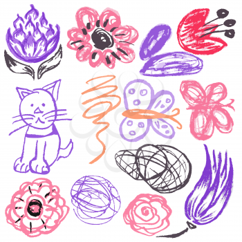 Cute childish drawing with wax crayons on a white background. Pastel chalk or pencil funny doodle style vector. Flowers, scribbles, cat, butterflies