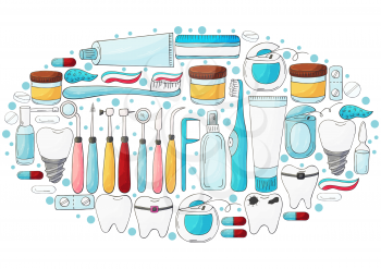 Oval collection of vector illustrations. Set of elements for the care of the oral cavity in hand draw style. Teeth cleaning, dental health, dental instruments