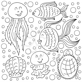 Set of icons in hand draw style. Liner illustration. Collection of drawings on the marine theme. Fish, turtles, jellyfish